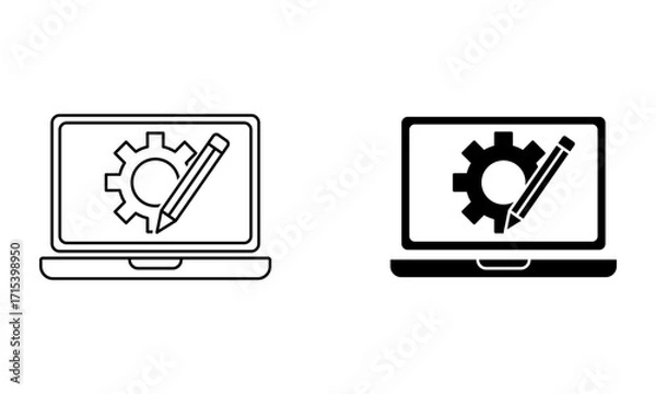 Fototapeta laptop with cogwheel and pencil, digital design and engineering icon vector
