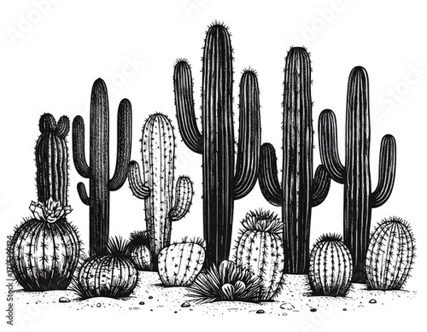 Fototapeta Detailed black and white illustration of various desert cacti in a desert landscape.