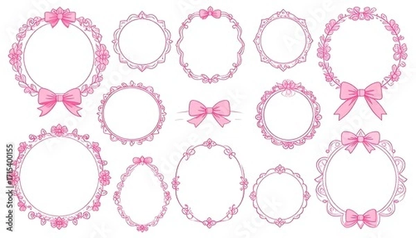 Fototapeta Set of decorative pink frames with floral motifs and bows.