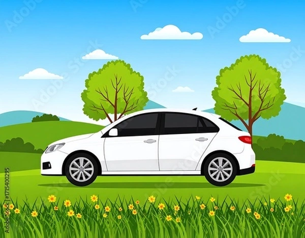 Fototapeta A white car parks peacefully in a grassy landscape with vibrant trees and a clear sky.