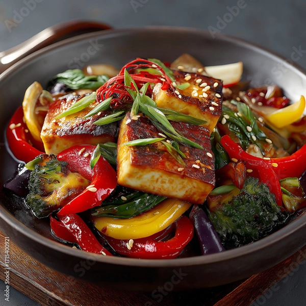 Fototapeta Stir fried tofu with colorful vegetables including red and yellow bell peppers, broccoli, and onions, garnished with sesame seeds and green onions, served in dark bowl