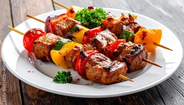 Fototapeta Grilled skewers of colorful vegetables and savory meat on a white plate, garnished with fresh herbs.