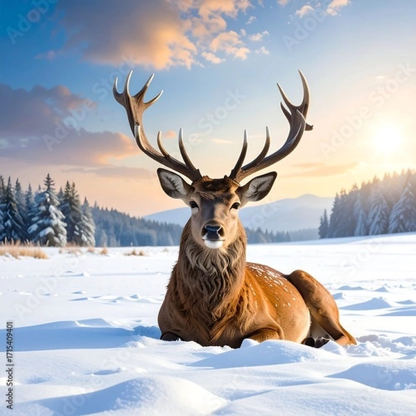 Fototapeta Majestic deer rests on a snowy landscape at sunrise, showcasing stunning antlers and a serene winter scene.