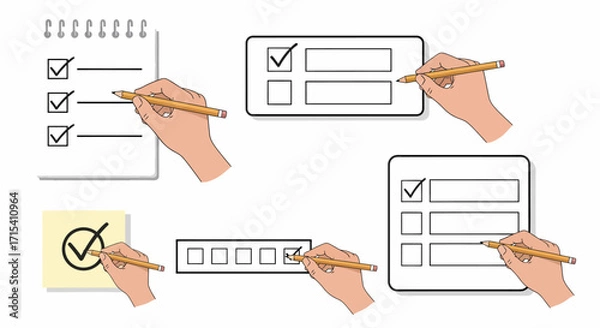 Fototapeta Hands with Pencil Marking Checkboxes on Various Checklists and Notes.