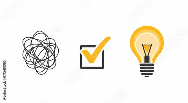 Fototapeta Problem solving process icons showing a transition from chaos and confusion to a clear idea or solution.