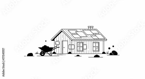 Fototapeta Simple Line Drawing of a Small House with Solar Panels and Wheelbarrow.