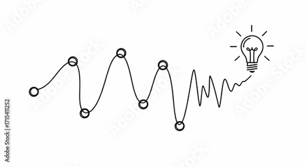 Fototapeta A continuous line drawing showing a complex tangled path with milestones leading to a bright idea lightbulb.