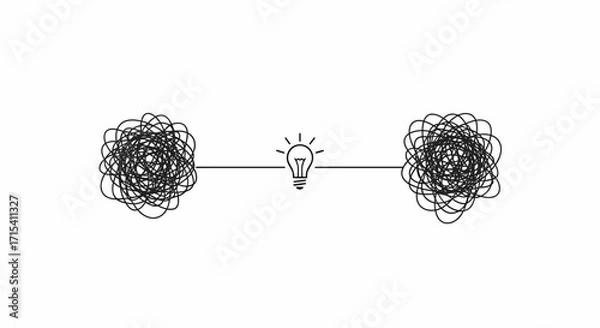 Fototapeta Connecting two tangled chaotic thoughts with a single clear idea symbolized by a lightbulb.