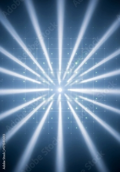 Fototapeta Ethereal light bursts against geometric grid background, abstract blue glow