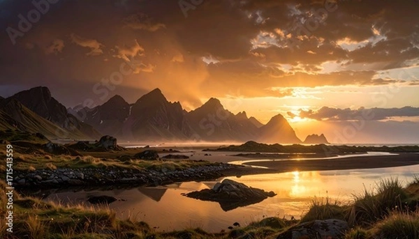 Fototapeta Dramatic sunset paints the jagged peaks of mountains overlooking a tranquil shoreline, showcasing the golden light reflecting on the calm waters.