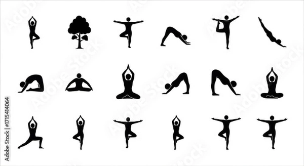 Fototapeta Yoga Poses Silhouettes Collection: A Variety of Meditative and Exercise Positions.