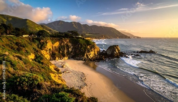 Fototapeta Golden hour illuminates a dramatic coastal scene, showcasing a secluded beach nestled between cliffs and a vast ocean.