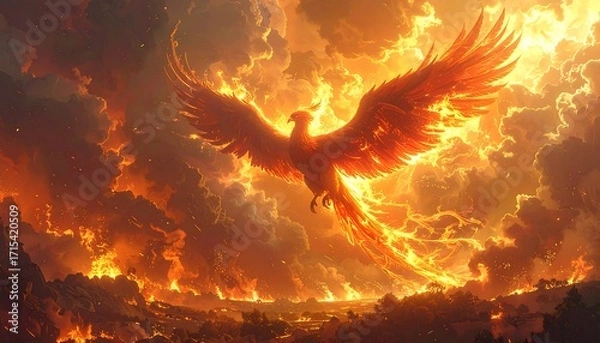 Fototapeta A magnificent phoenix, wings ablaze with fire, soars through a sky filled with fiery clouds over a landscape consumed by flames.