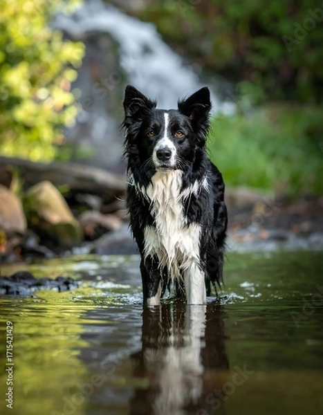 Fototapeta Dog in a stream by a waterfall