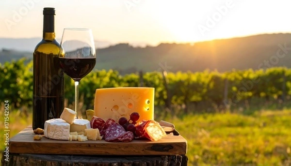 Fototapeta A wooden cutting board laden with assorted cheeses, cured meats, and grapes, accompanied by a glass of red wine and a bottle, all set against a backdrop of vineyards bathed in the golden light of a...