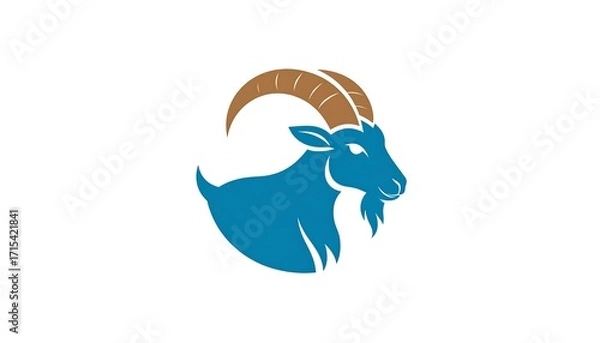 Fototapeta A stylized illustration of a goat's head and horns, presented in a simple, circular design, featuring rich blue and brown hues.