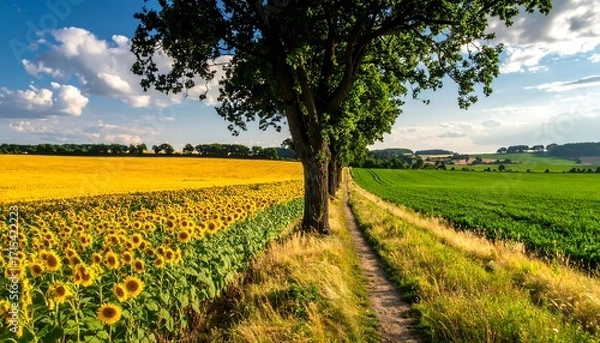 Fototapeta A sun-drenched rural landscape, showcasing a path winding through vibrant sunflower fields and a verdant field, under a vast, partly cloudy sky.