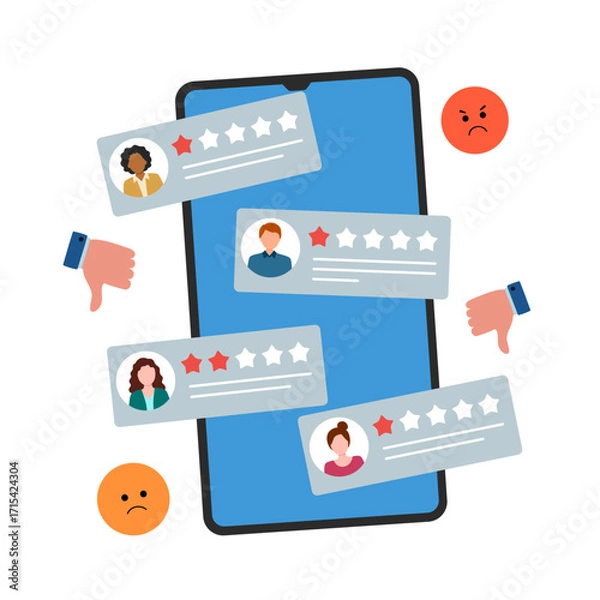Fototapeta Bad review concept design. Online negative user feedback. Customer experience ranking. Dislike, complaint, bad rate. Web comment. Angry client testimonial. Social survey result. Vector illustration.