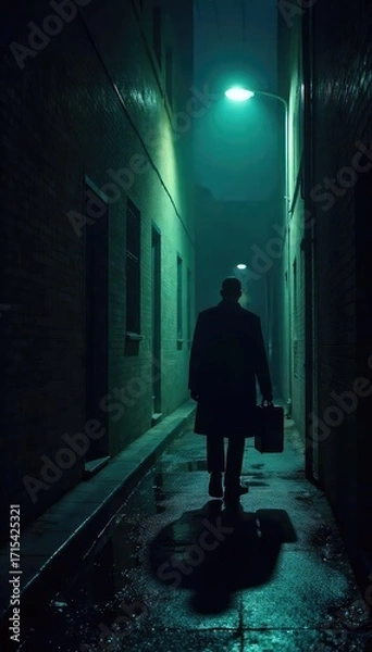 Fototapeta A shadowy figure in a dark alley, illuminated only by a single streetlight, clutching a briefcase The scene evokes secrecy, danger, and intrigue, perfect for spy-themed projects , spy, covert