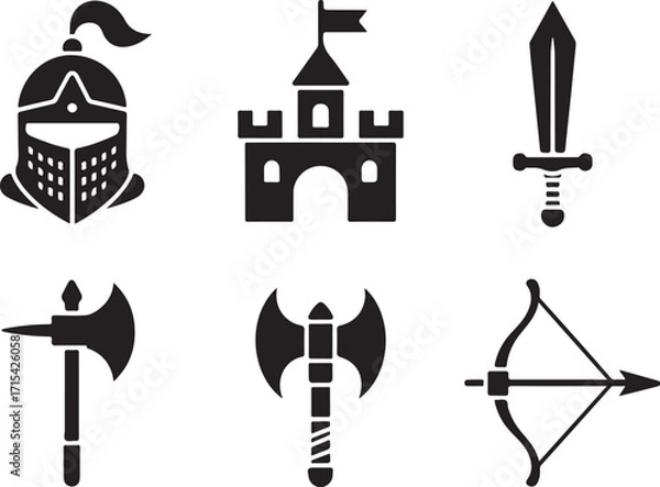 Fototapeta Medieval icons knight castle sword axe bow arrow