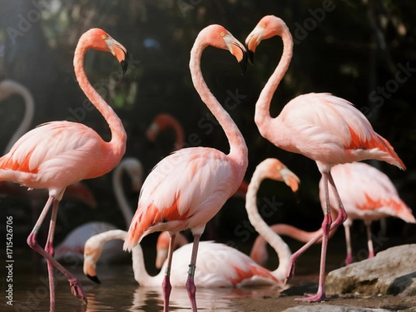 Obraz A group of elegant pink flamingos standing gracefully near the water. Captured in natural light, showcasing their vibrant feathers and unique posture. Ideal for themes of wildlife, nature