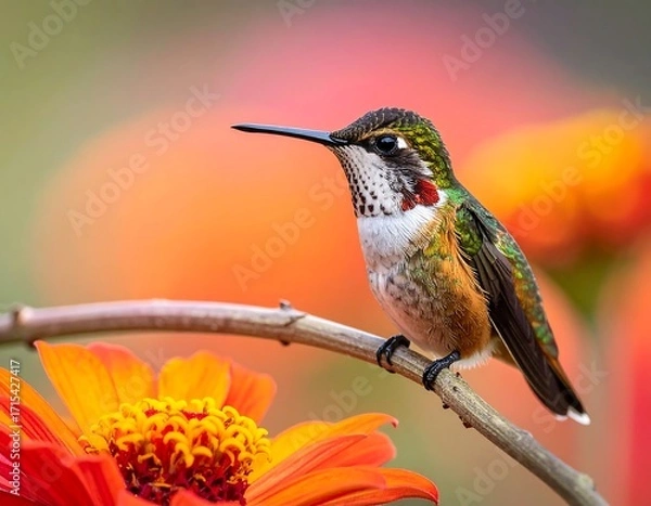 Fototapeta A vibrant hummingbird, showcasing its colorful plumage, perches gracefully on a slender branch amidst a cluster of bright orange flowers.