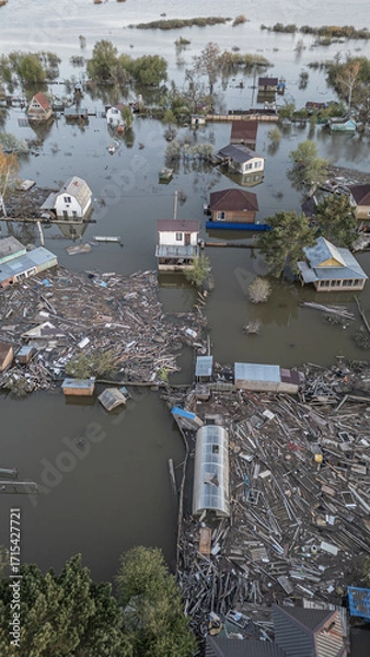 Fototapeta Global warming,climate change.Tsunami.Storms and destruction.Floods on the planet.The apocalypse, catastrophes.Natural disasters the riot.The remnants of human life are floating in dirty water.The end