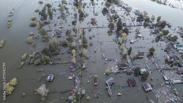 Fototapeta Global warming,climate change.Tsunami.Storms and destruction.Floods on the planet.The apocalypse, catastrophes.Natural disasters the riot.The remnants of human life are floating in dirty water.The end