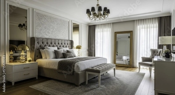 Fototapeta Elegant and Luxurious Master Bedroom with Tufted Upholstered Bed, Golden Chandelier, Full-Length Mirror, and Soft Neutral Tones for a Sophisticated Hotel Suite Feel