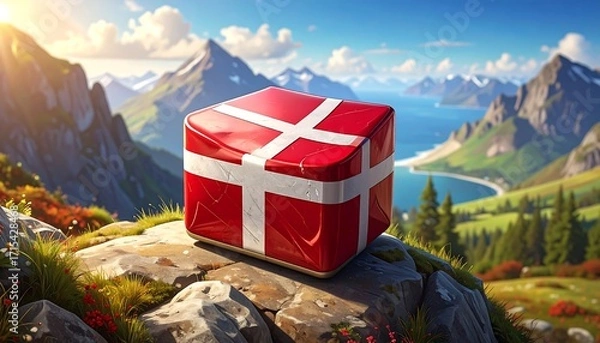 Fototapeta A red gift box with a Danish flag design sits atop a mountain rock, overlooking a scenic landscape.