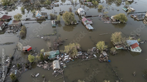 Fototapeta Global warming,climate change.Tsunami.Storms and destruction.Floods on the planet.The apocalypse, catastrophes.Natural disasters the riot.The remnants of human life are floating in dirty water.The end