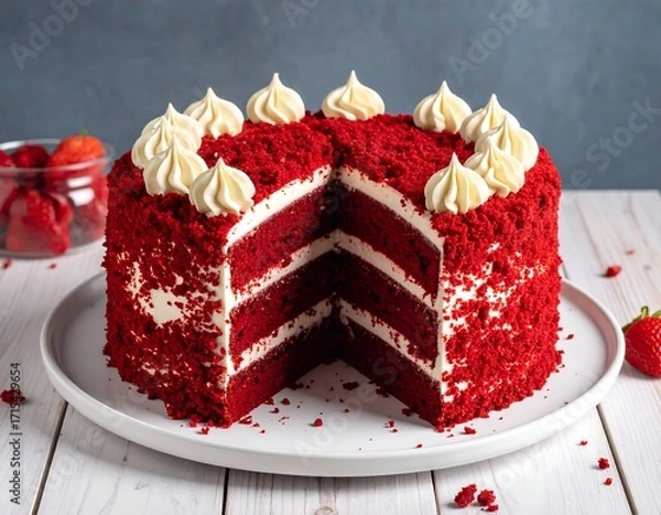 Fototapeta A delightful red velvet cake, layered with creamy frosting, sits on a white plate, showcasing a tempting slice.