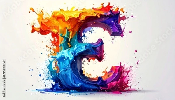 Fototapeta A vibrant, colorful letter "E" formed from splashing paint, radiating energy and creativity against a neutral backdrop.