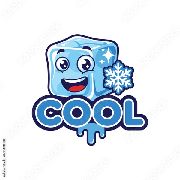Fototapeta Cool Ice Cube Cartoon Character with Snowflake and Text.