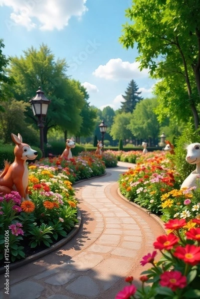 Fototapeta Vibrant flowerbeds and whimsical sculptures adorn a beautifully landscaped park, creating a delightful and enchanting atmosphere perfect for relaxation and enjoyment , park, green, peaceful