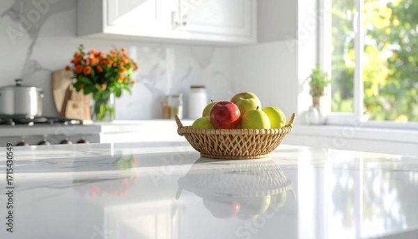 Fototapeta A shallow, light beige wicker basket brimming with red and green apples sits atop a gleaming white marble countertop in a bright, airy kitchen.