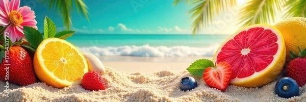 Fototapeta Vibrant summer colors explode in a playful composition of sun-drenched fruits, flowers, and beach sand, capturing the essence of warm weather fun ,  sky,  cheerful