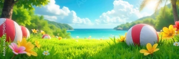 Fototapeta Vibrant summer scene depicting lush green grass, bright flowers, and playful beach balls, perfect for a game-themed summer backdrop , grass, happy, nature