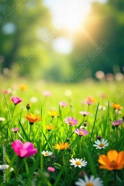 Fototapeta Vibrant, sun-drenched meadow bursting with wildflowers and lush green grass Perfect for spring, summer, or nature-themed projects Ideal for backgrounds, websites, or print media , growth, plants