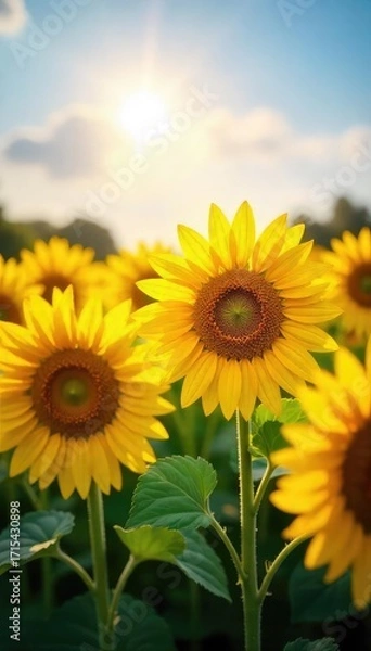 Fototapeta Vibrant sunflowers bask in golden sunlight, their faces turned towards the sun in a field of green A stunning display of nature's beauty, perfect for summer or harvest themes , wildflowers, head