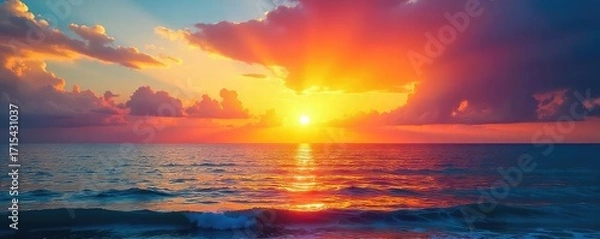 Fototapeta Vibrant sunset over a tranquil ocean, perfect for travel, nature, or calming themed projects Ideal for website backgrounds, presentations, and more , nature, dusk