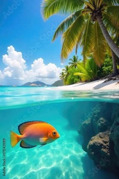 Fototapeta Vibrant tropical fish swim in crystal-clear turquoise water near a pristine sandy beach, palm trees swaying gently in the background, creating a paradise scene , sun, clear