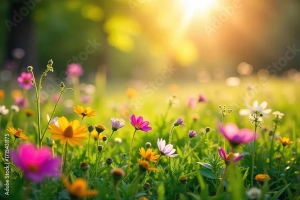 Fototapeta Vibrant wildflowers bursting into bloom in a lush meadow bathed in the warm glow of the springtime sun Perfect for seasonal themes, nature, and environmental projects , spring flowers, renewal