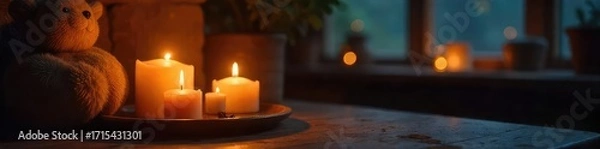Fototapeta Warm, flickering candlelight illuminates a cozy interior scene, casting a gentle glow on surrounding objects Perfect for themes of relaxation, comfort, and ambiance , orange, warm, comfort
