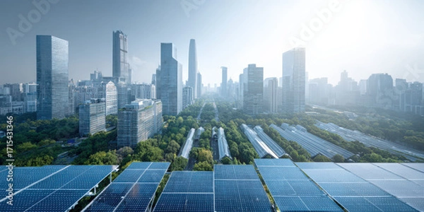 Fototapeta Modern city skyline with solar panels in foreground showcases integration of renewable energy in urban environments, highlighting sustainable infrastructure and green technology