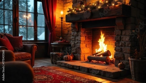 Fototapeta Warm, inviting fireplace hearth glowing with embers, ready to welcome guests  Cozy home interior scene with rustic decor, perfect for holiday or winter themes ,  inviting,  warm,  house