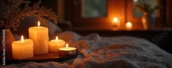 Fototapeta Warm, inviting glow of candlelight illuminating a cozy interior scene Perfect for relaxation, romance, or spa themes Soft shadows create a serene ambiance , ambiance, decor
