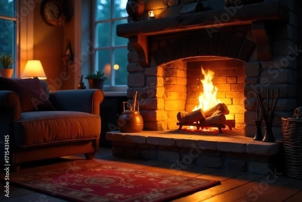 Fototapeta Warm, inviting glow of a fireplace radiating heat, cozy ambiance, perfect for winter nights, comfortable and relaxing atmosphere , red, autumn