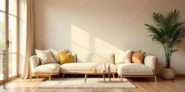 Fototapeta Warm, inviting interior background with soft lighting and subtle textures, perfect for home decor or lifestyle projects Neutral tones create a calm and serene atmosphere , plant, floor