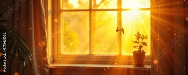 Fototapeta Warm sunlight streams through a bright windowpane, illuminating dust motes dancing in the golden rays Perfect for home, comfort, or spring themes , interior, golden hour